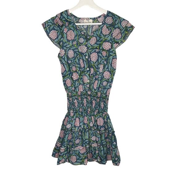 Perry Walker Virginia Floral Flutter Sleeve Smocked Mini Blouson Dress Green 1/S - Picture 1 of 8